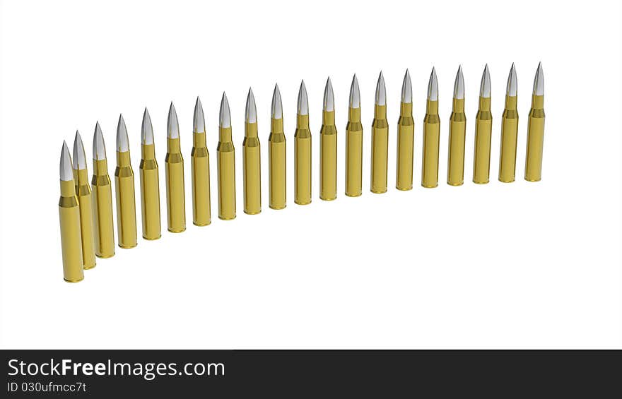 Bullets in a line isolated on white background 3d render