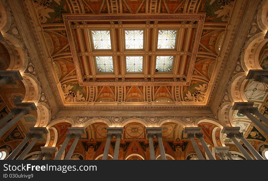 Interior ceiling of the Library of Congress taken with a wide-angle lens. Interior ceiling of the Library of Congress taken with a wide-angle lens