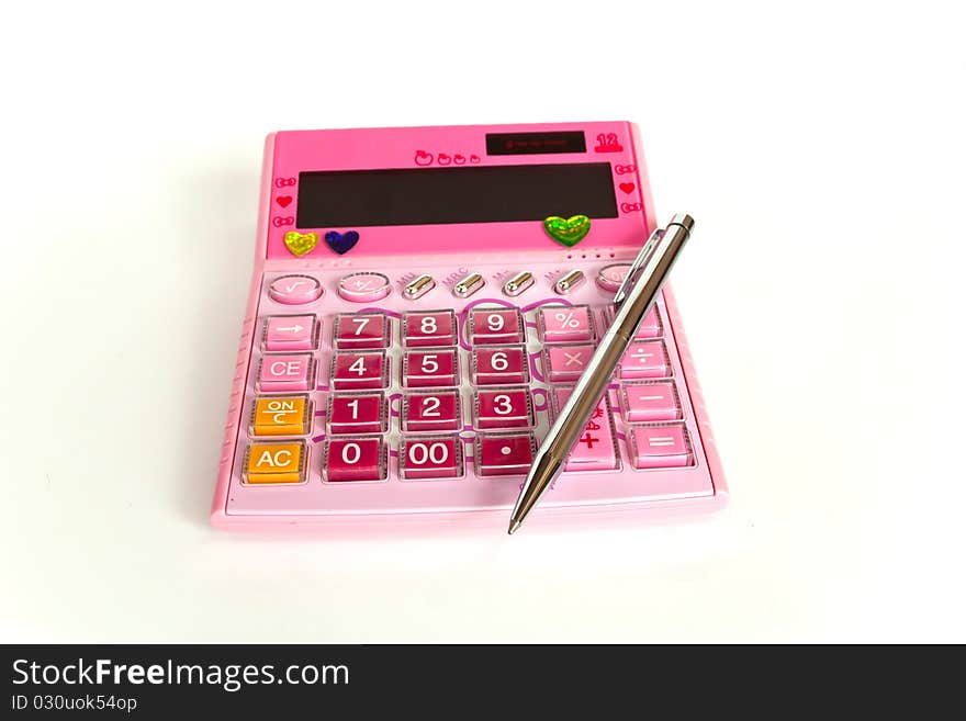 Pink calculator and pen on white background. Pink calculator and pen on white background