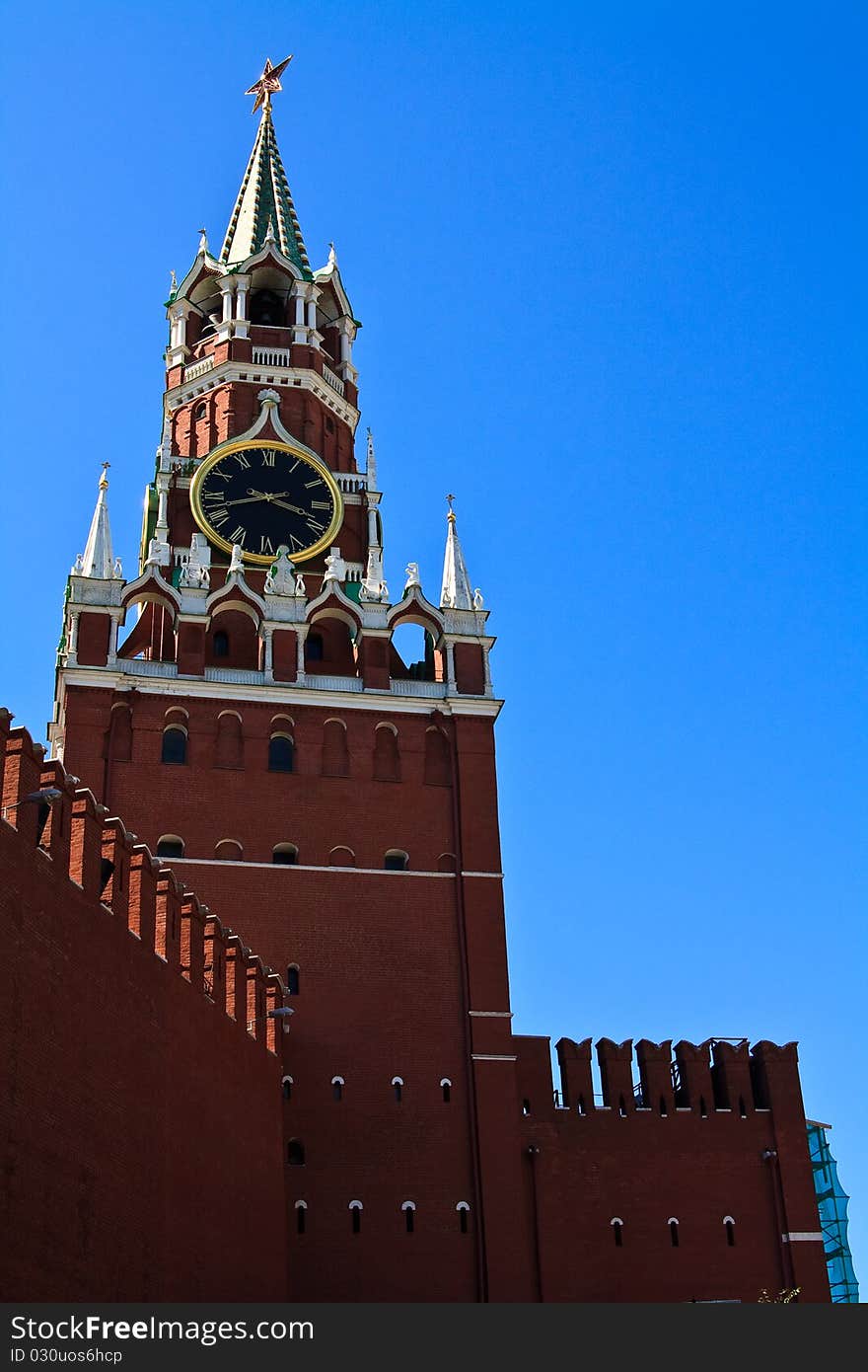 Spasskaya Tower or Savior's Tower, once the main Kremlin's entrance. The gate is no longer open to the public. The tower faces the Red Square and the Saint Basil Cathedral in Moscow.