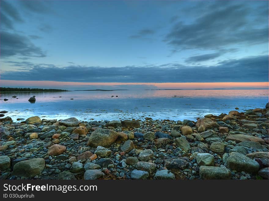 White night on Solovki islands - HDR panorama of White Sea, Northern Russia.