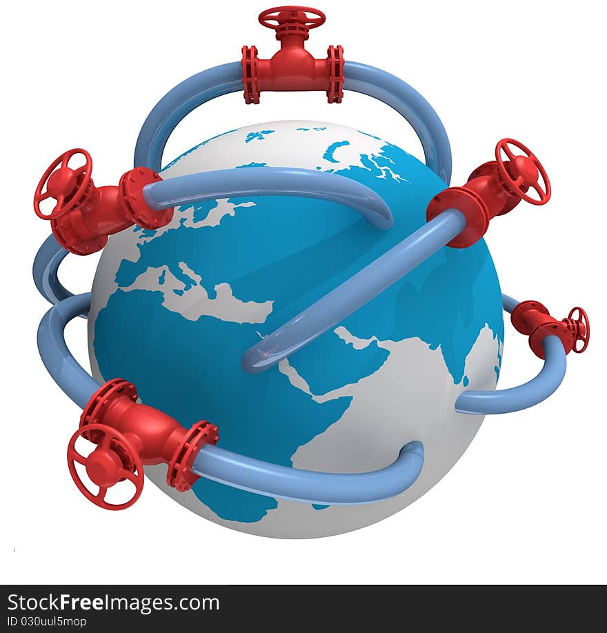 3D rendered pipeline with globe on white