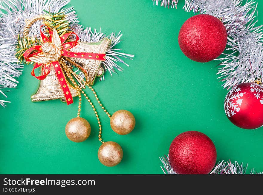 Christmas decoration objects on light green background. Christmas decoration objects on light green background