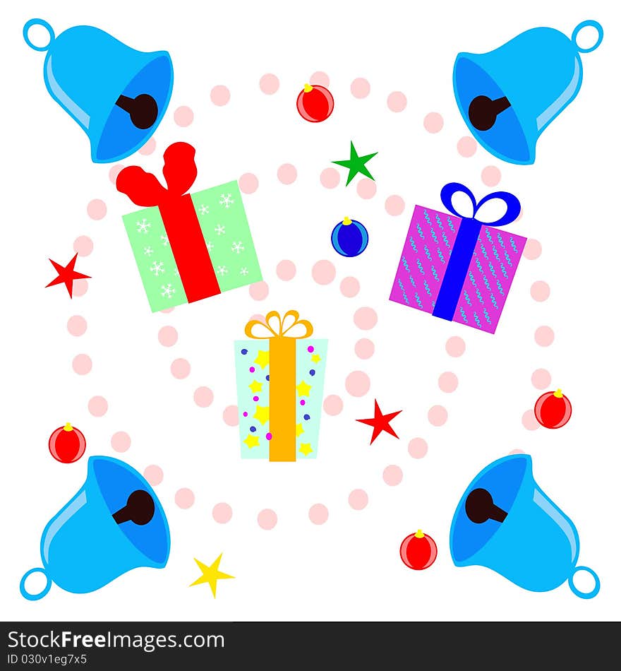 Color illustration of bells, gifts, and Christmas decorations on a white background. Color illustration of bells, gifts, and Christmas decorations on a white background