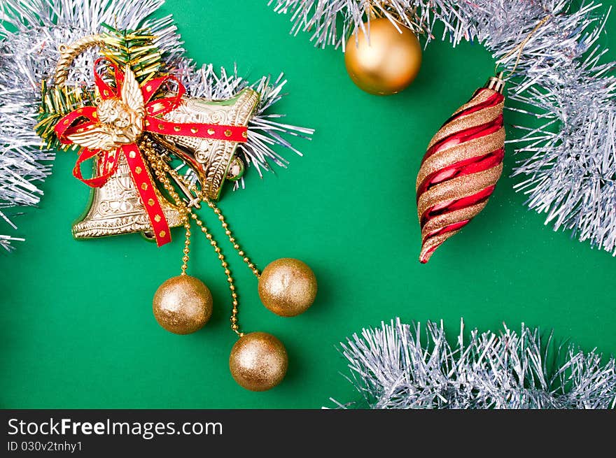 Christmas decoration objects on light green background. Christmas decoration objects on light green background