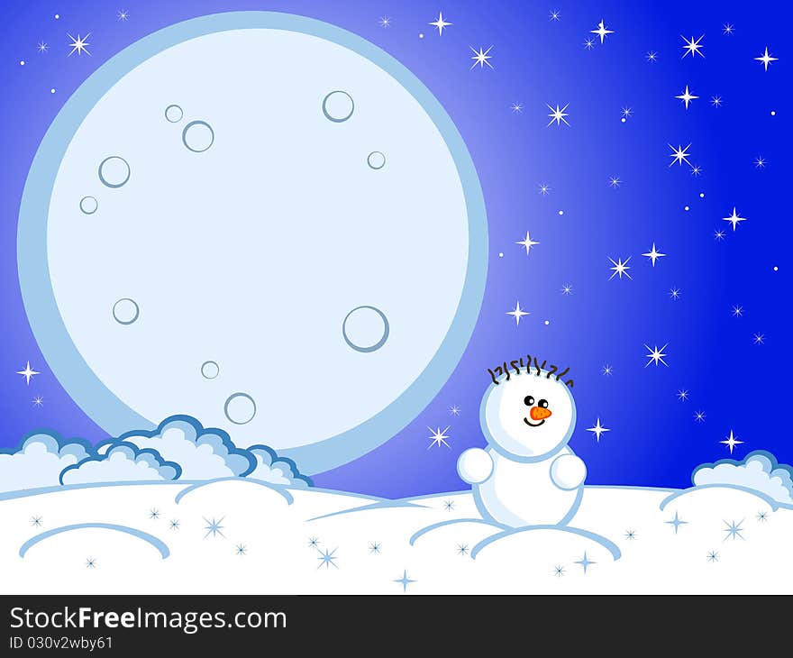 The lovely comical snowman. Winter night, the star sky. Christmas eve. A full moon. A background.