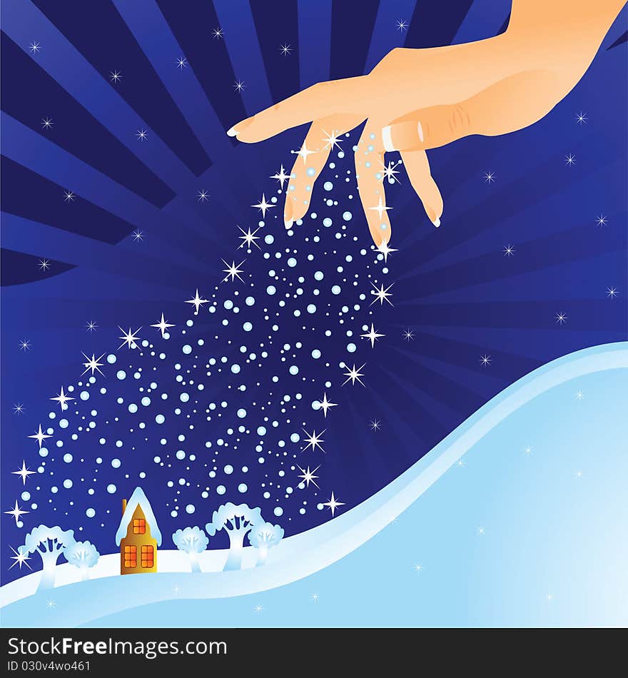 Winter fantastic night landscape. From heavens the hand scatters snow. Snow falls on a small house. Winter fantastic night landscape. From heavens the hand scatters snow. Snow falls on a small house.