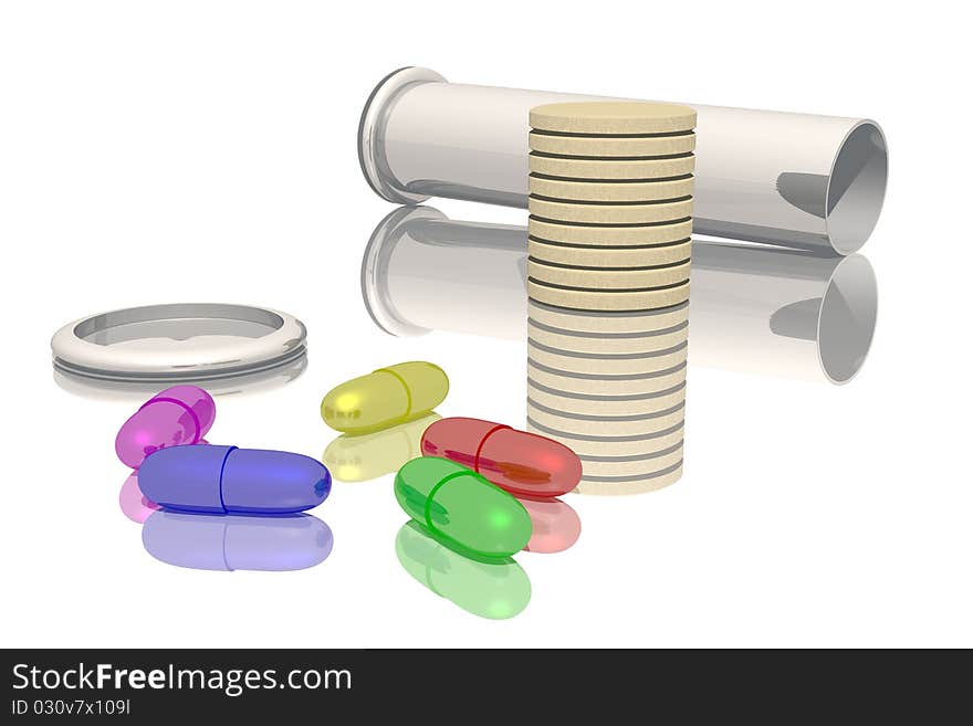 Image shows Vial and colored tablets and pills on the white table