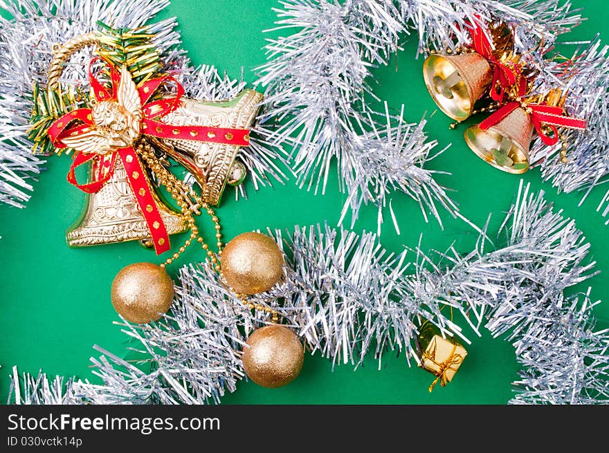 Christmas decoration objects on light green background. Christmas decoration objects on light green background