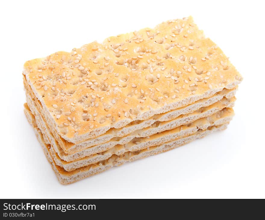 Slices of crispbread isolated on white background. traditional bread