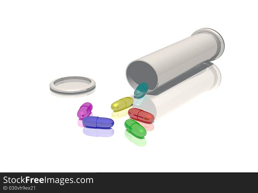 Vial and colored pills