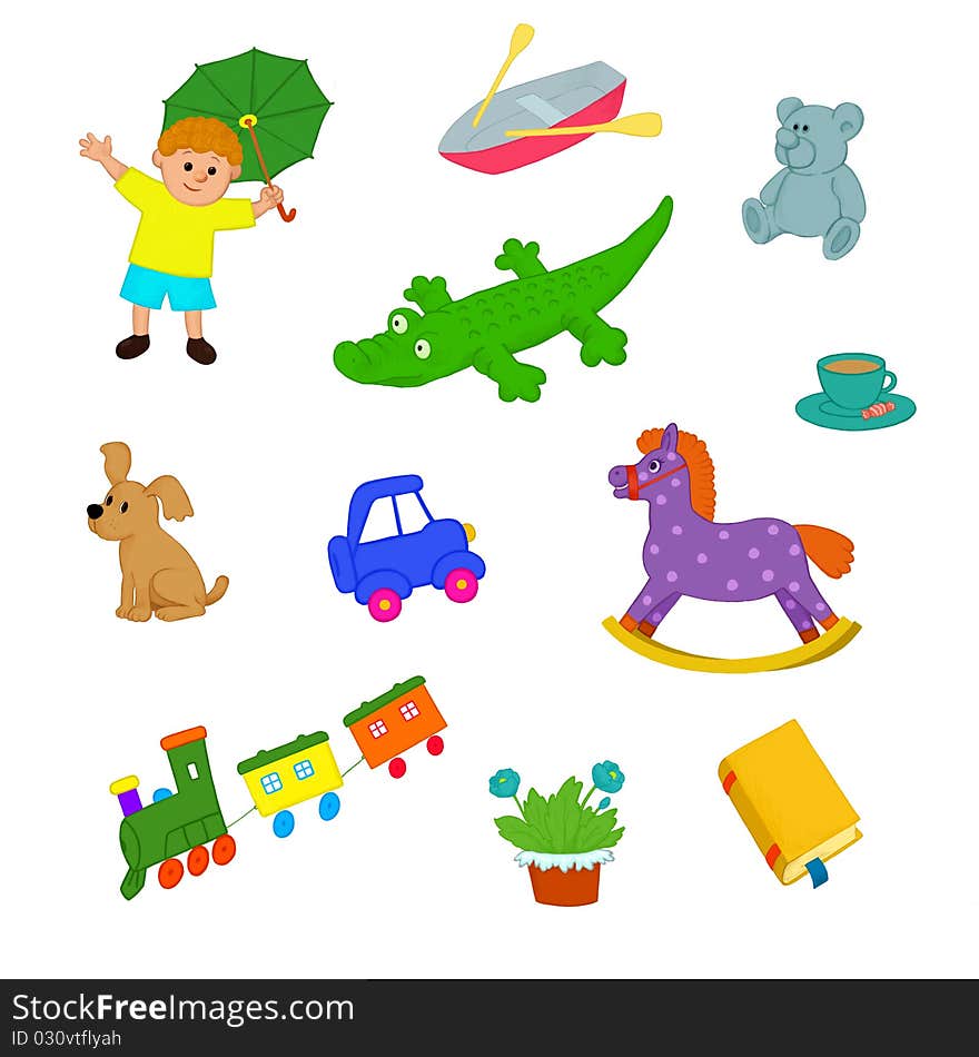 Boy and his toys, colored icons. Boy and his toys, colored icons