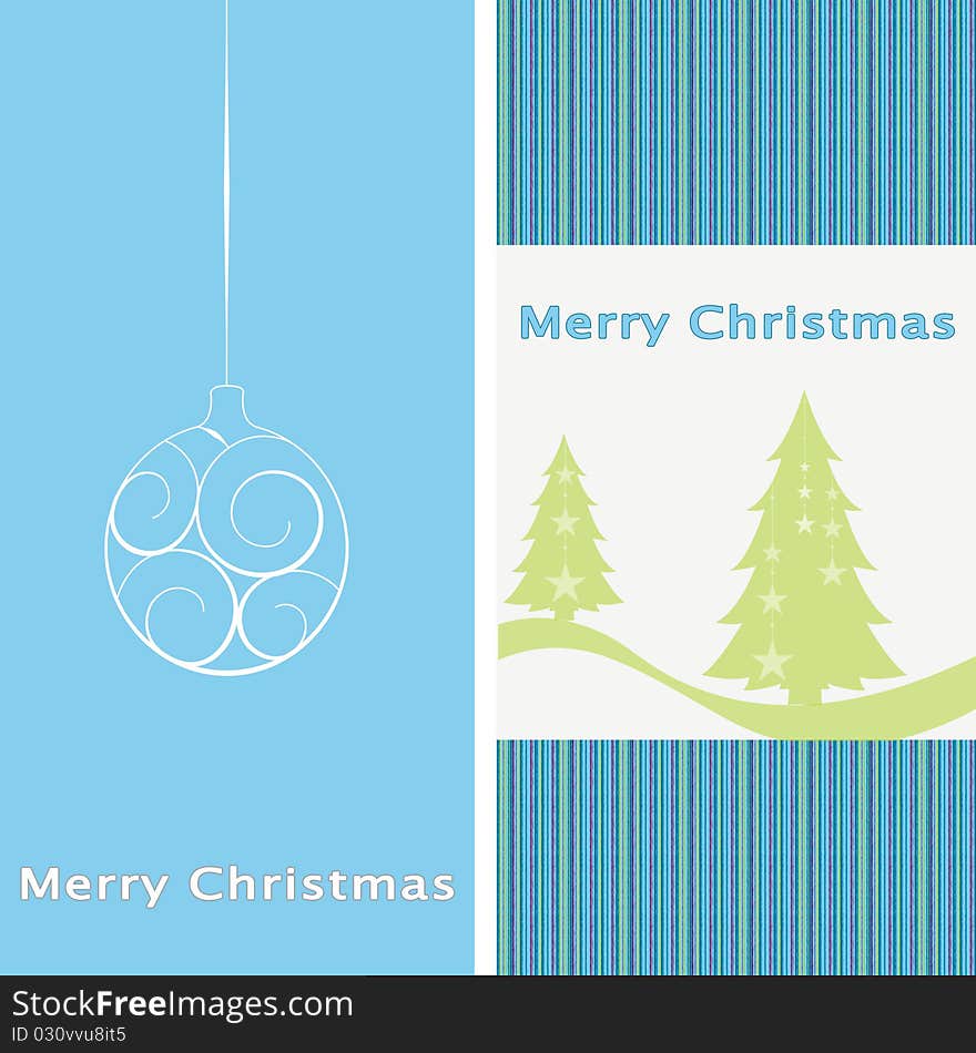 Blue new year card with christmas ball and tree