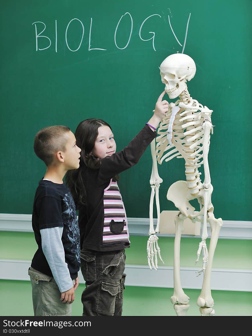 Happy children group in school classrom taking notes and learning biology and anatomy lessons with teacher. Happy children group in school classrom taking notes and learning biology and anatomy lessons with teacher