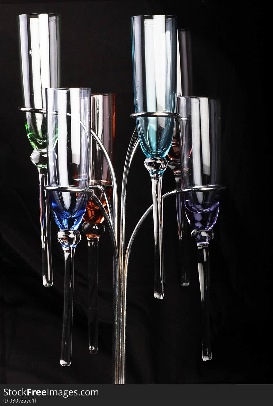 Six colorful empty stem champagne glasses. Six colorful empty stem champagne glasses