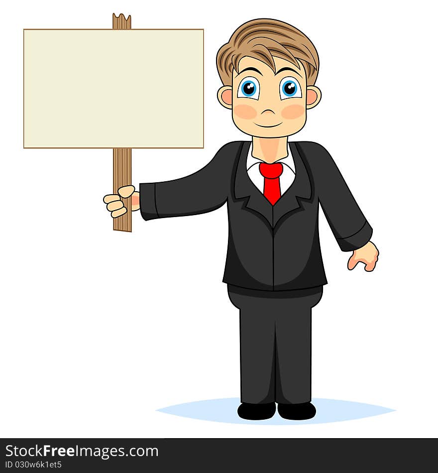 Vector illustration of a cute boy businessman holding blank sign . No gradient. Vector illustration of a cute boy businessman holding blank sign . No gradient