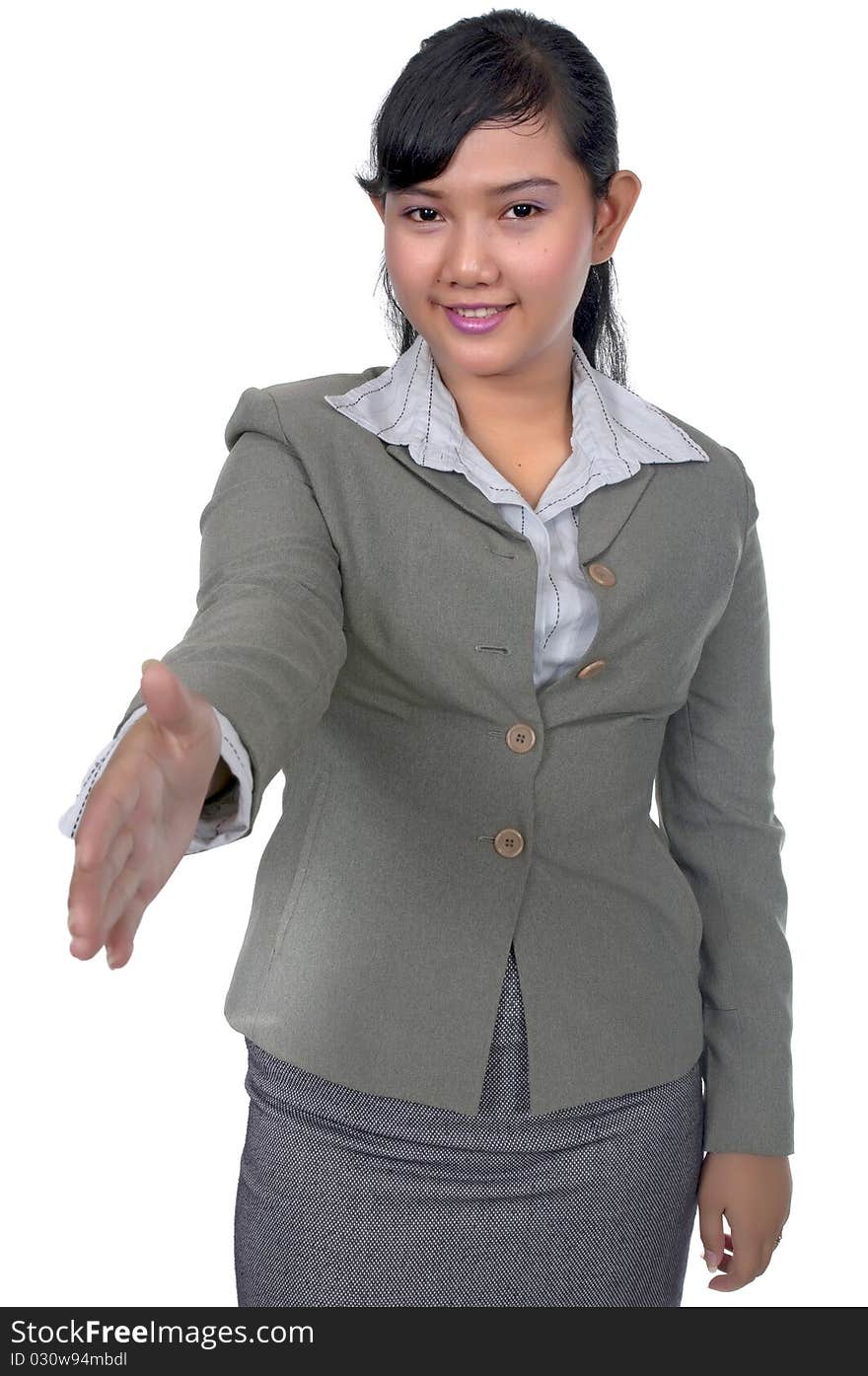 Asian business woman shake hand isolated over white background