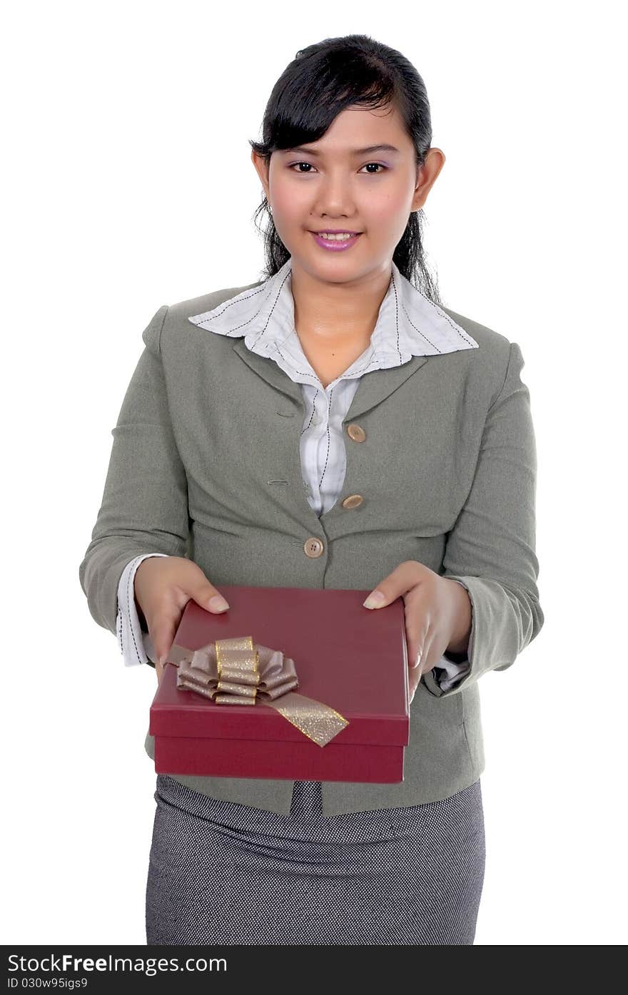 Asian business woman give presents isolated over white background