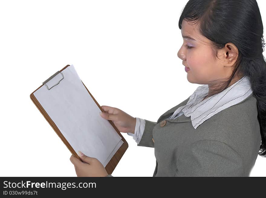 Asian business woman hold paperboard isolated over white background. You can put your text on the paper.