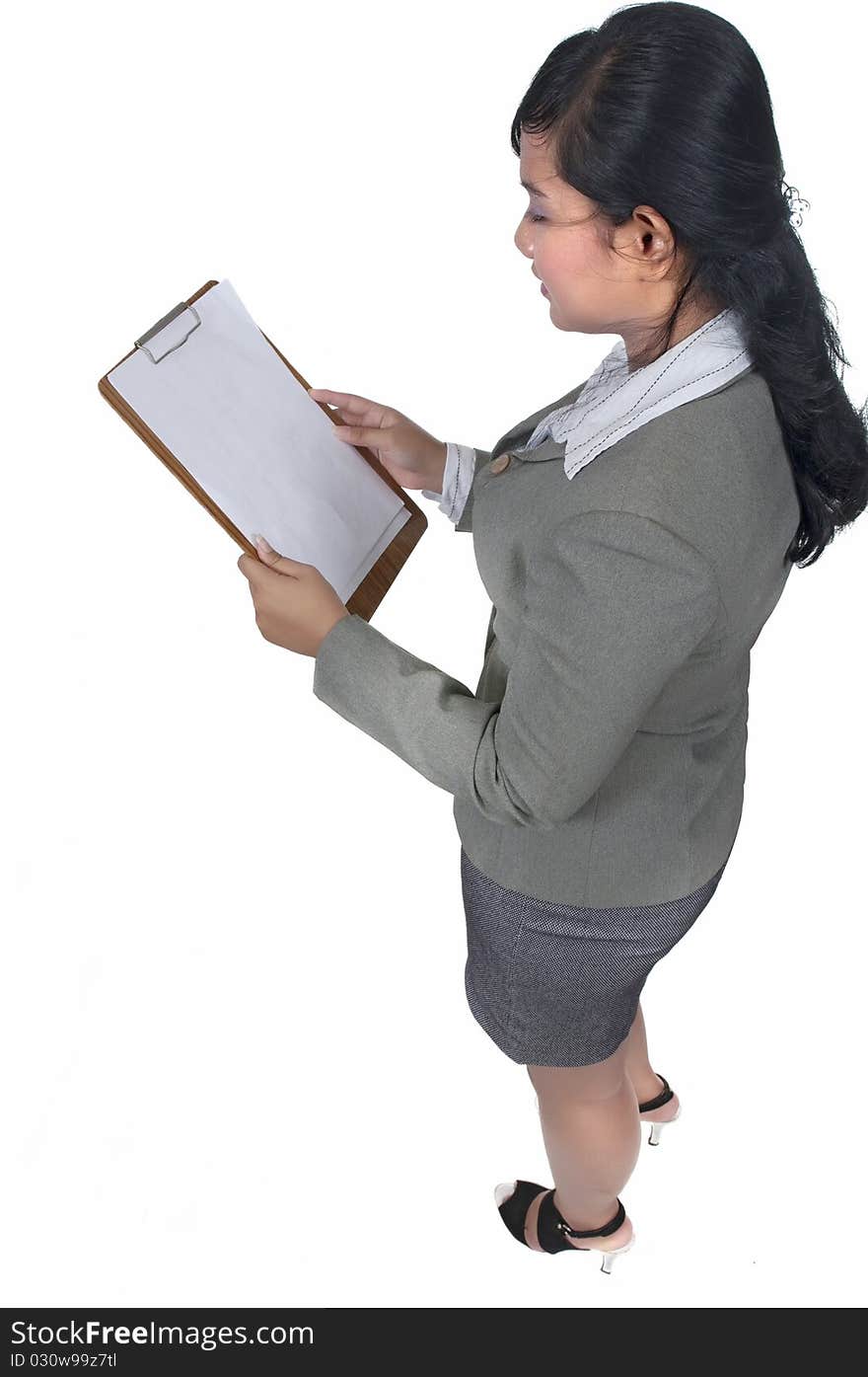 Asian business woman hold paperboard isolated over white background. You can put your text on the paper.