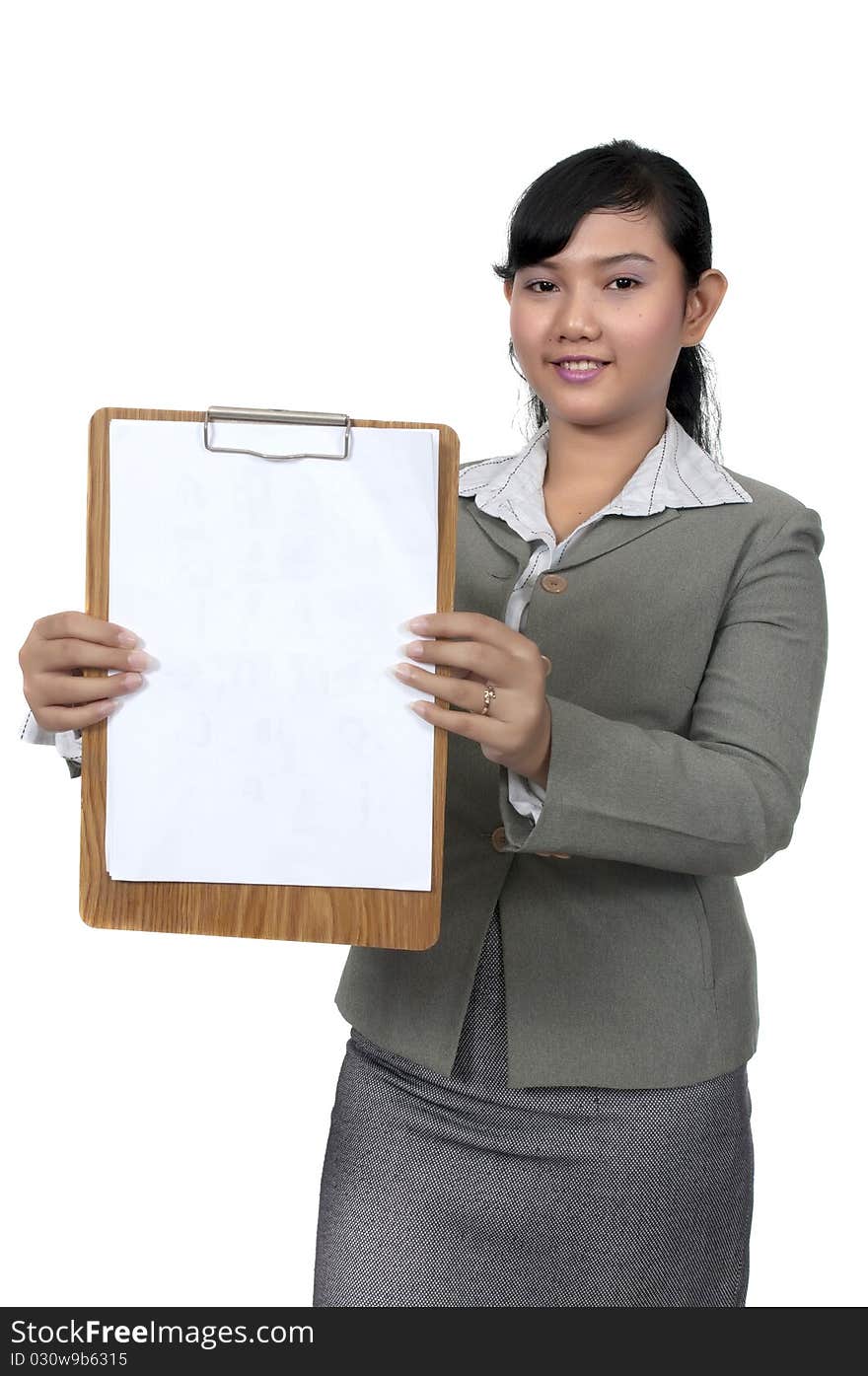 Asian business woman hold paperboard isolated over white background. You can put your text on the paper.