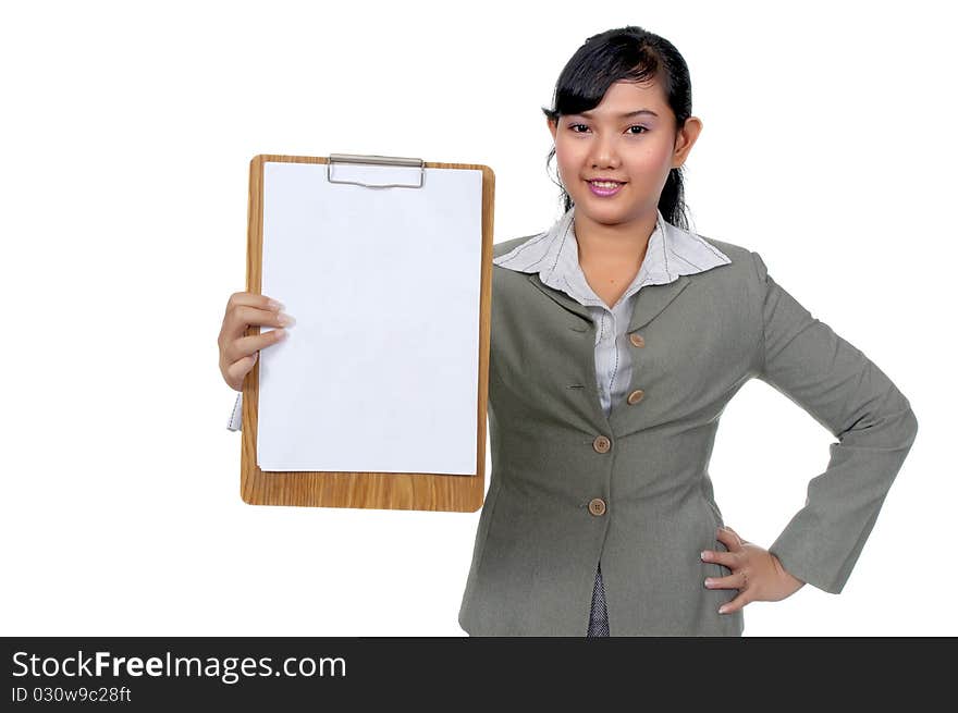 Asian business woman hold paperboard isolated over white background. You can put your text on the paper.