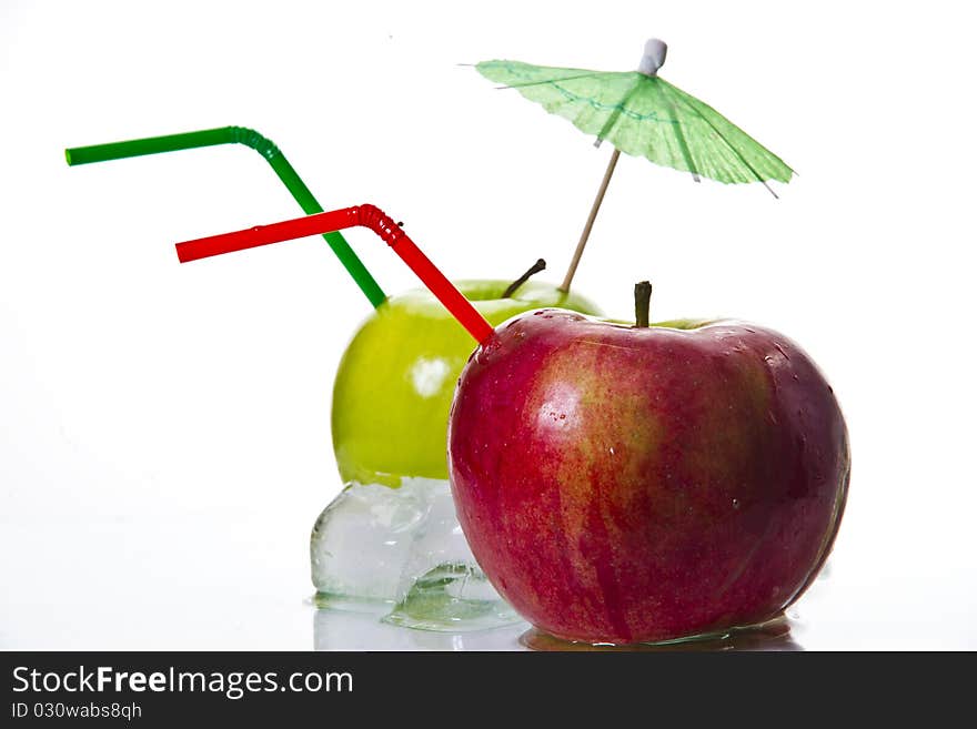 Apple with straw on white background. Apple with straw on white background