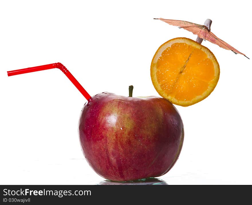 Apple with straw on white background. Apple with straw on white background