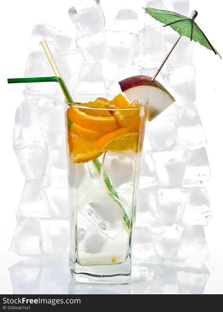 Drinks and fruits on white backgrounds