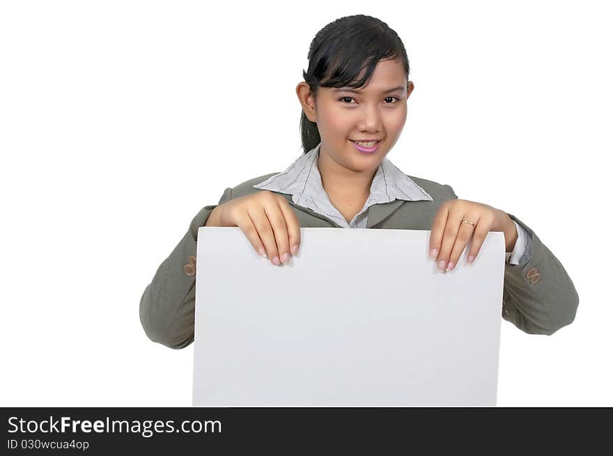 Asian business woman hold paper so you can put your text here