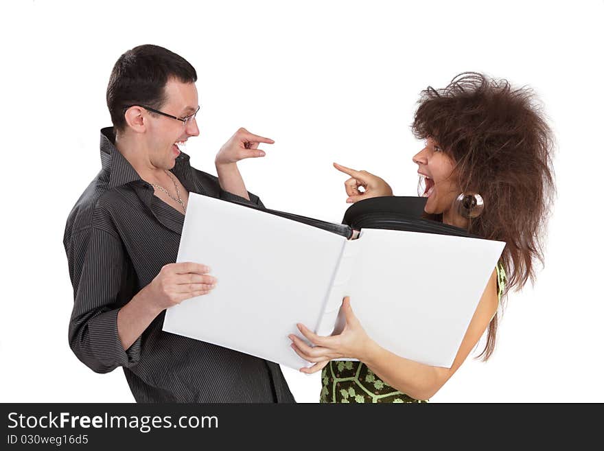 Guy And The Girl Look The Book Isolated On A White