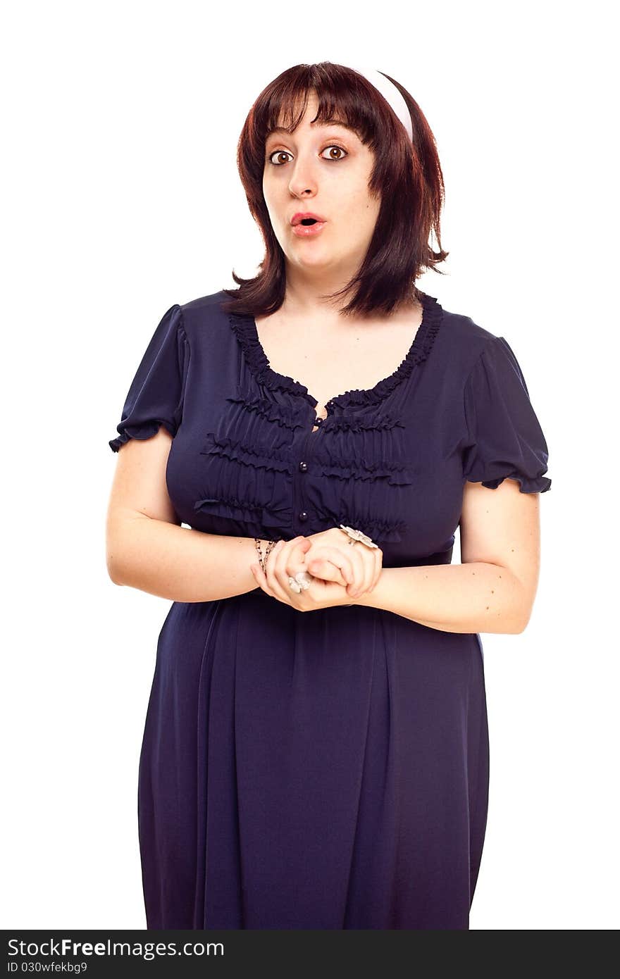 Surprised Young Caucasian Woman with Hands Folded Isolated on a White Background.