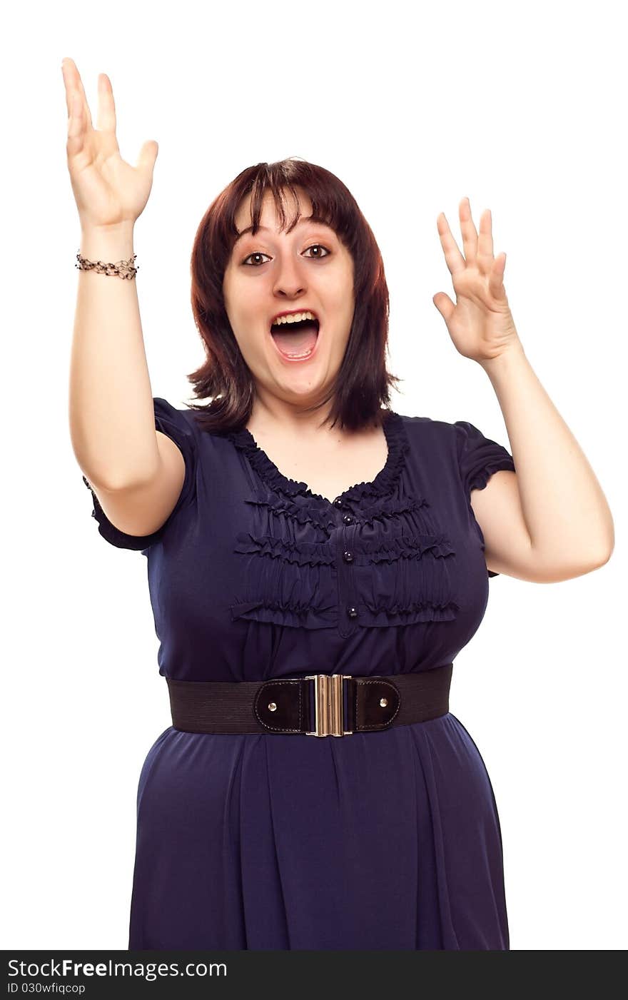 Happy Young Caucasian Woman with Hands in the Air Isolated on a White Background.