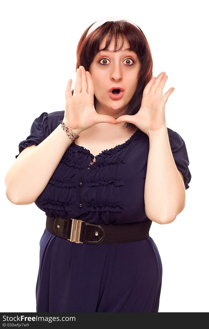 Expressive Young Caucasian Woman with Hands Framing Face Isolated on a White Background. Expressive Young Caucasian Woman with Hands Framing Face Isolated on a White Background.