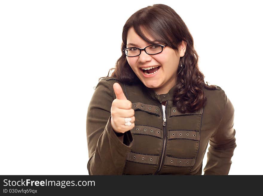 Excited Young Caucasian Woman With Thumbs Up Isolated on a White Background. Excited Young Caucasian Woman With Thumbs Up Isolated on a White Background.