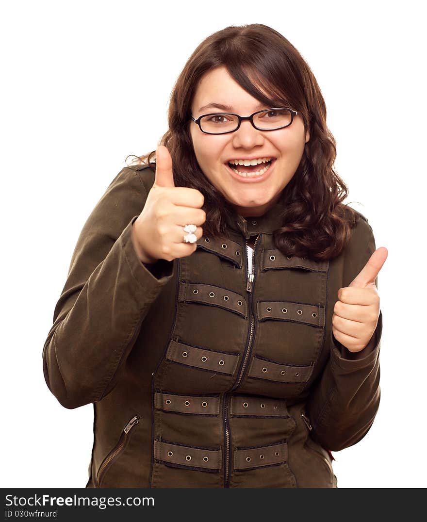 Excited Young Caucasian Woman With Two Thumbs Up Isolated on a White Background.