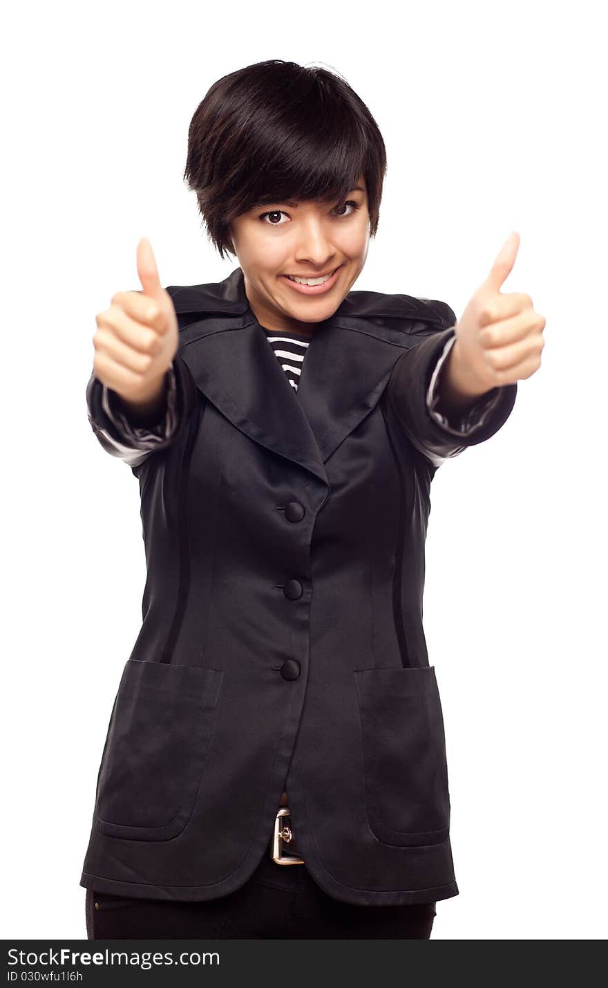 Happy Young Mixed Race Woman With Two Thumbs Up Isolated on a White Background.