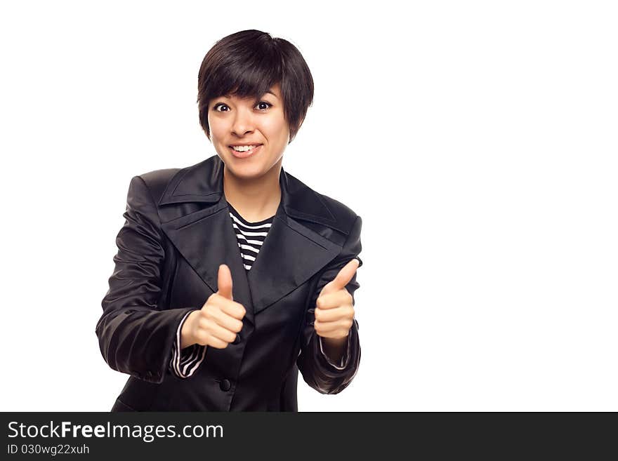 Happy Young Mixed Race Woman With Two Thumbs Up Isolated on a White Background. Happy Young Mixed Race Woman With Two Thumbs Up Isolated on a White Background.