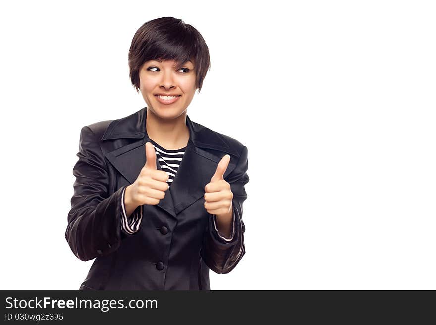 Happy Young Mixed Race Woman, Eyes to the Side With Two Thumbs Up Isolated on a White Background. Happy Young Mixed Race Woman, Eyes to the Side With Two Thumbs Up Isolated on a White Background.