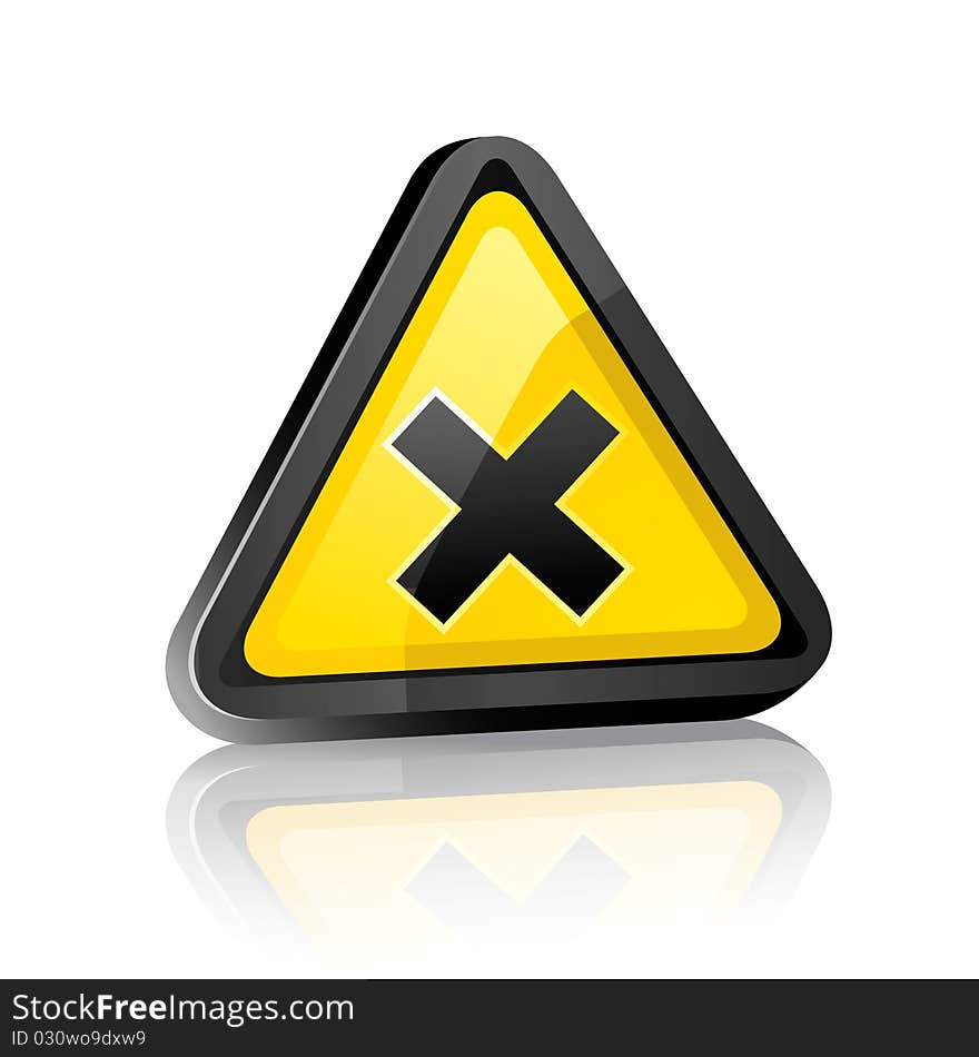 Three-dimensional Hazard warning sign with irritant symbol on white background with reflection