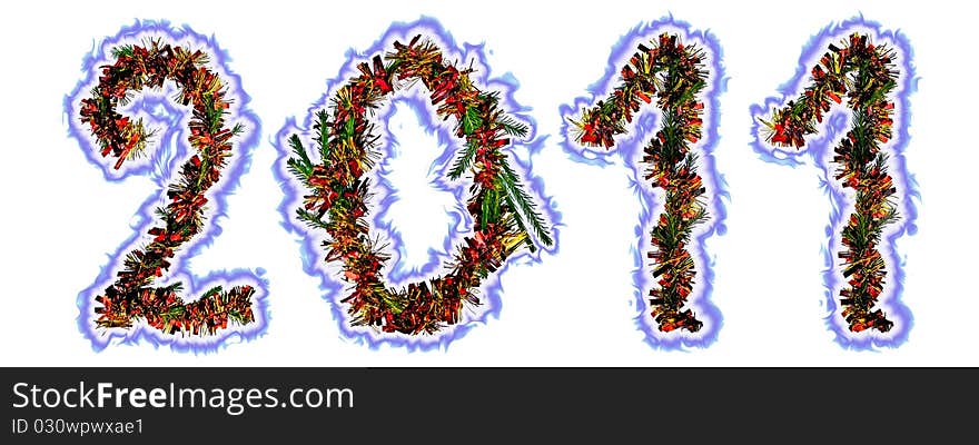 The number of two thousand and eleven of fir branches, red and gold tinsel, surrounded by a halo of blue isolated on white background. The number of two thousand and eleven of fir branches, red and gold tinsel, surrounded by a halo of blue isolated on white background