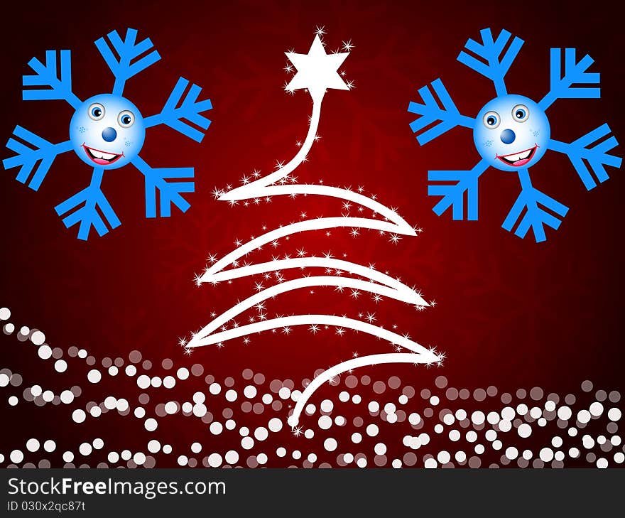 Christmas tree background with cute flakes at corners