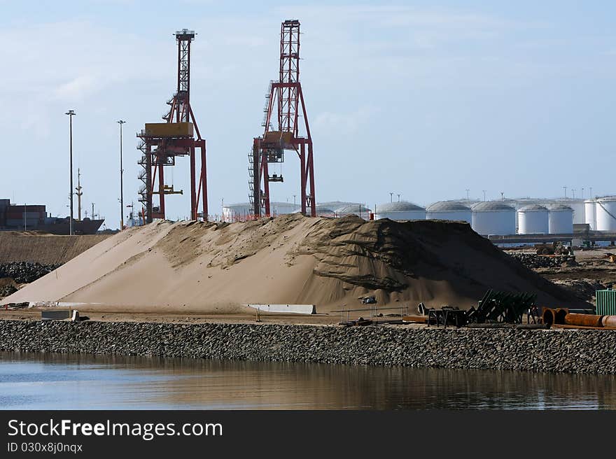 Large container cranes at port.