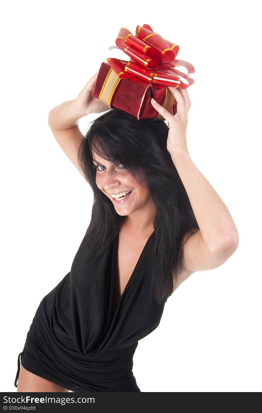 Happy beautiful lady holding her gift