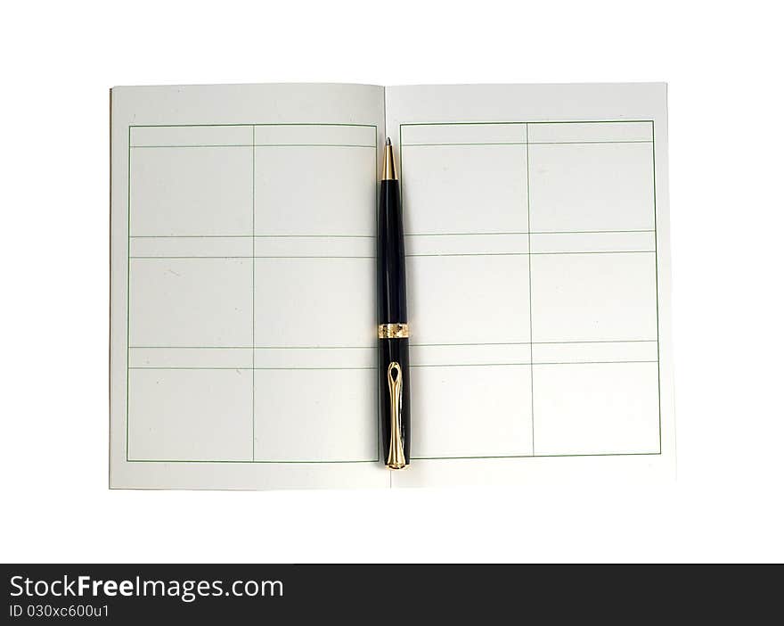 Writing book with black pen isolated on the white background