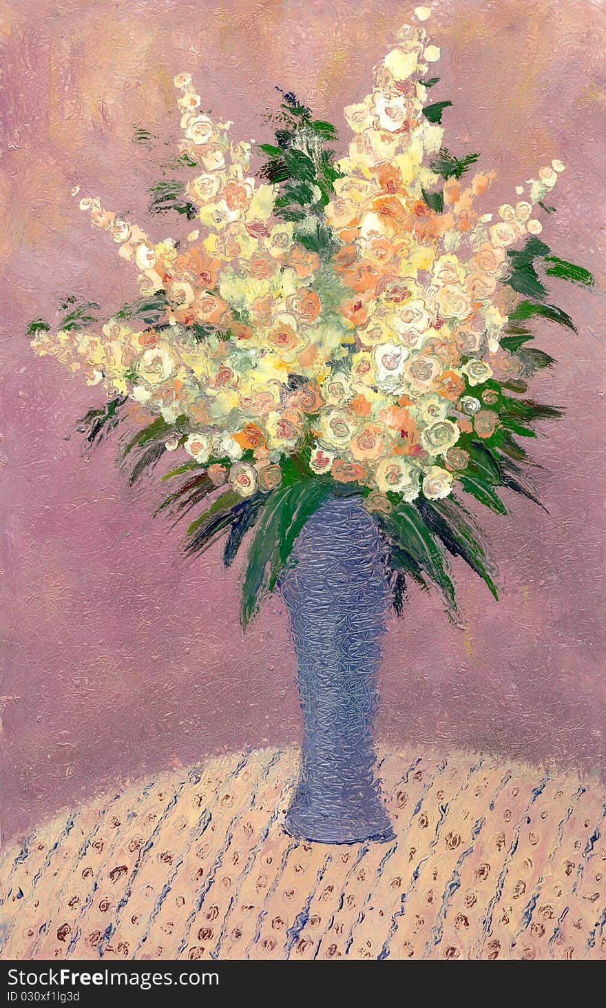 Oil painting. Still life with bouquet of lush flowers in a blue vase. Oil painting. Still life with bouquet of lush flowers in a blue vase