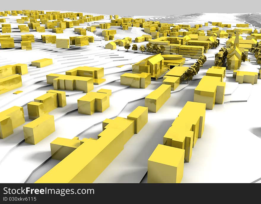 Rendered city model with trees in gold. Rendered city model with trees in gold