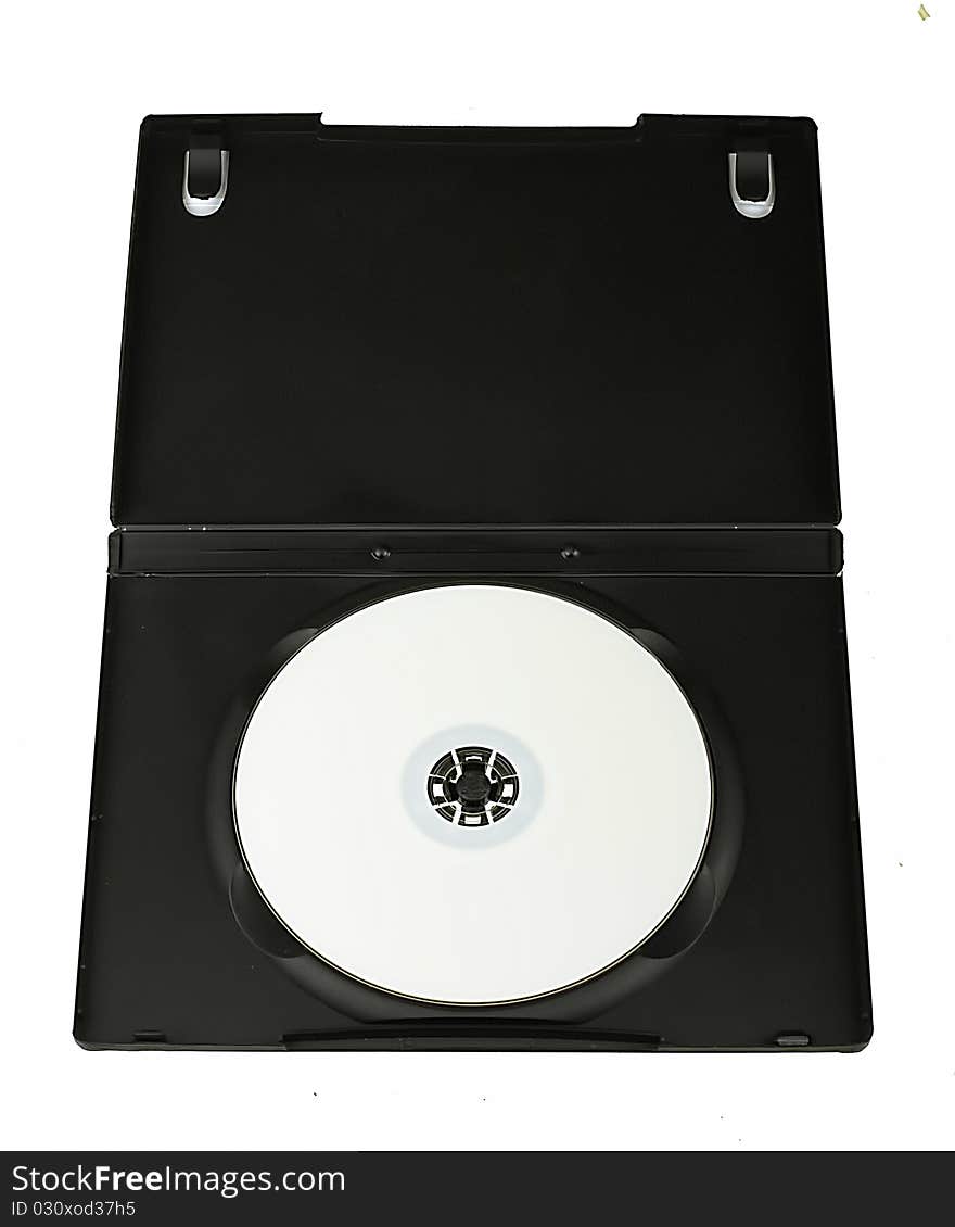 White DVD disc in the black box on the white background