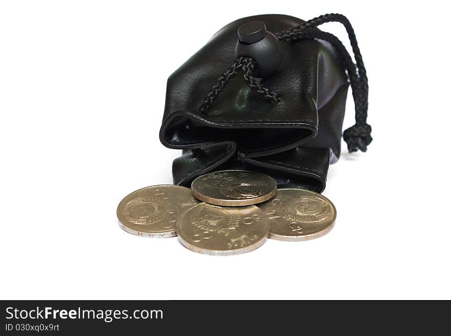 Photo of the purse with coins on white background