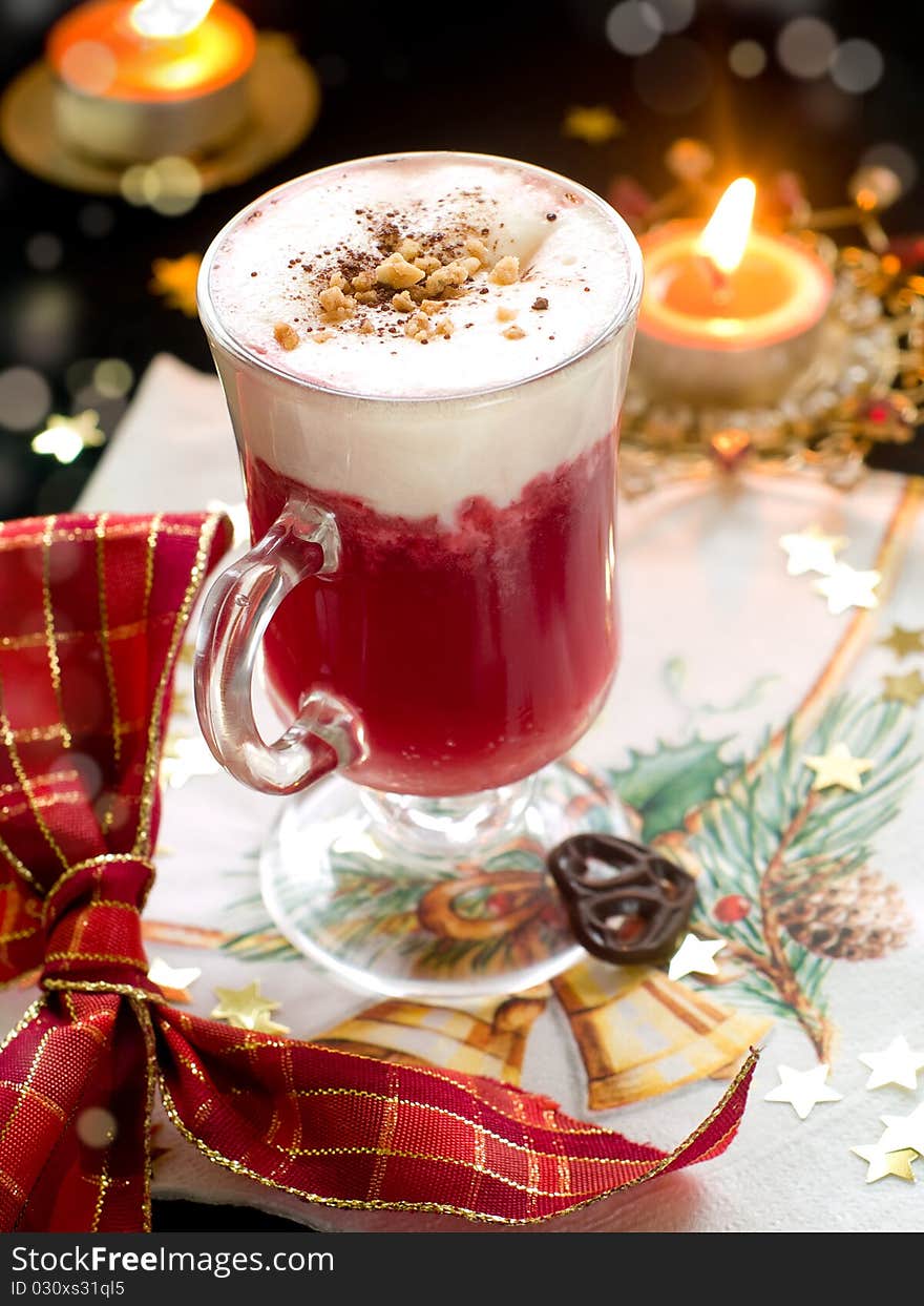 Hot winter drink with cream. Christmas decoration on background. Hot winter drink with cream. Christmas decoration on background